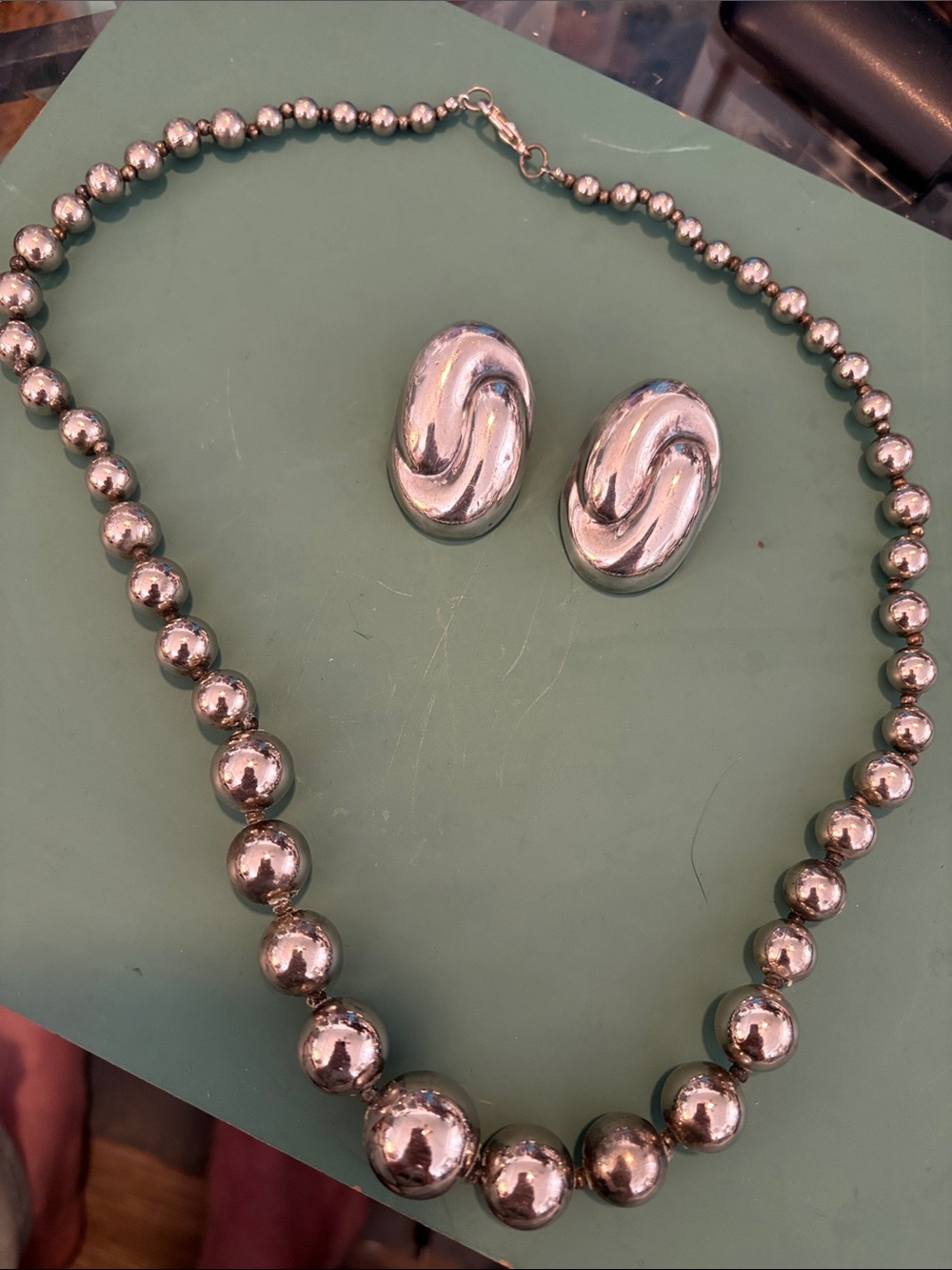 Classic Sterling Graduated Beaded Necklace with Large Earrings to Match